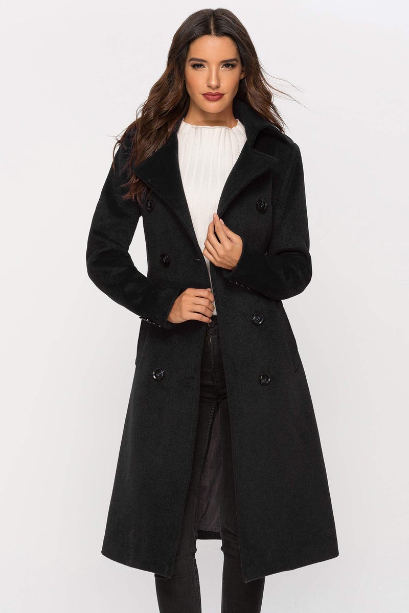 Escalier Womens Wool Coat Double Breasted Pea Coat Winter Long Trench Coat with Belt Black XL - Image 2